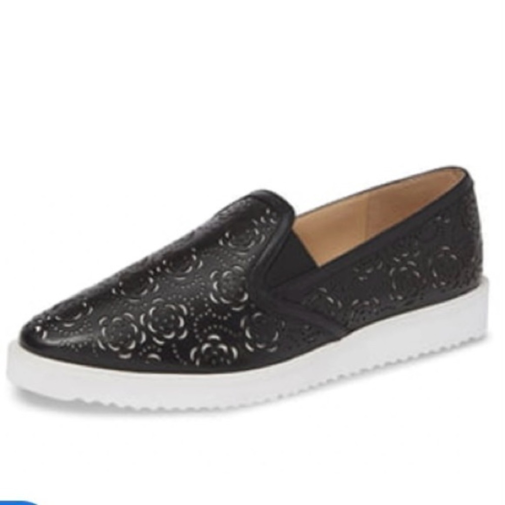 KARL LAGERFELD Loafers Cheryl Leather Slip-ons Floral Perforations Black 8.5